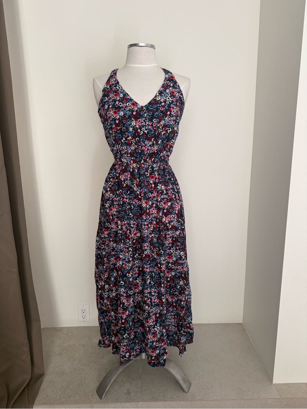 Navy Floral Maxi Dress with Pink Accents - Sleeveless V-Neck